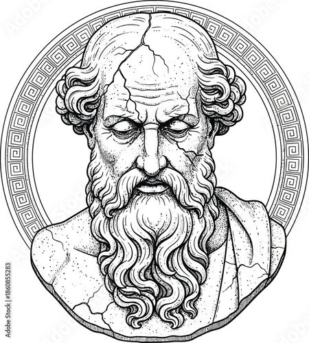 Engraving of a stoic Greek philosophers cracked stone bust with a long flowing beard and closed eyes.