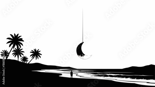 Crescent moon hanging over a solitary beach scene with palm trees.