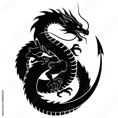 A striking black silhouette of a powerful Asian dragon with intricate details and a fierce expression, coiled and ready to strike.