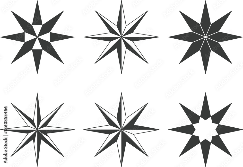 Fototapeta premium Six Black Starburst and Compass Rose Designs on White Background Keywords: starburst, compass rose, star, symbol, icon