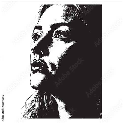 Black and white portrait illustration of a woman looking up face