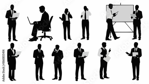 Diverse business professionals in silhouette performing various work activities.