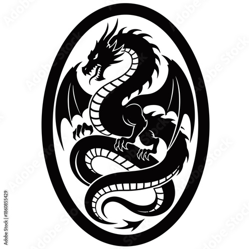 A black silhouette of a fierce dragon coiled within an oval frame, showcasing its wings and serpentine body.
