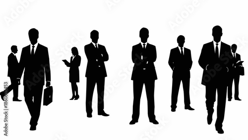 Diverse group of business people standing and walking in silhouette.