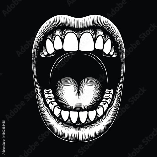 Black and white engraving style open mouth with teeth and tongue vector
