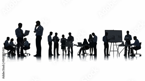 Diverse group of business professionals collaborating in a modern office setting.