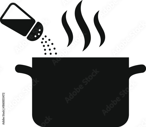 Cooking pot silhouette with salt shaker and steam isolated on white background, kitchen food seasoning concept, boiling meal icon black vector