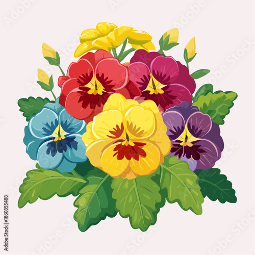 Colorful pansy flower bouquet with green leaves