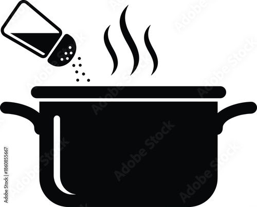 Cooking pot silhouette with salt shaker isolated on white background, kitchen food preparation concept, boiling steam icon black vector illustration
