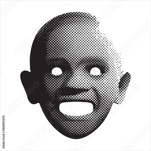 Black and white halftone dot pattern face mask with open mouth vector