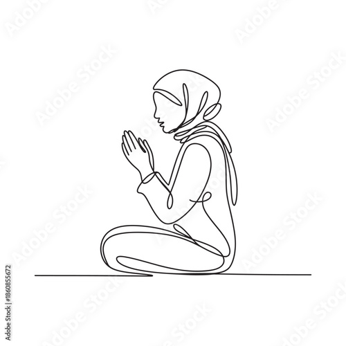 A continuous line drawing of a woman in hijab praying peacefully