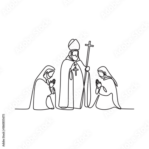Continuous line drawing of a bishop with two praying women