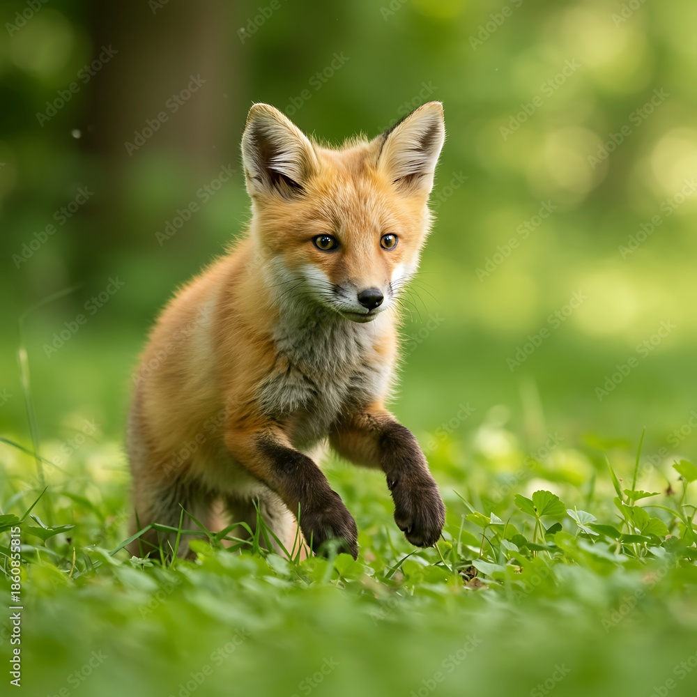 Fototapeta premium Curious Fox Kit: Sun-Dappled Meadow Chase