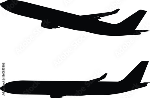 Commercial airplane silhouette side view set showing takeoff and landing aircraft, aviation transportation illustration isolated on white background