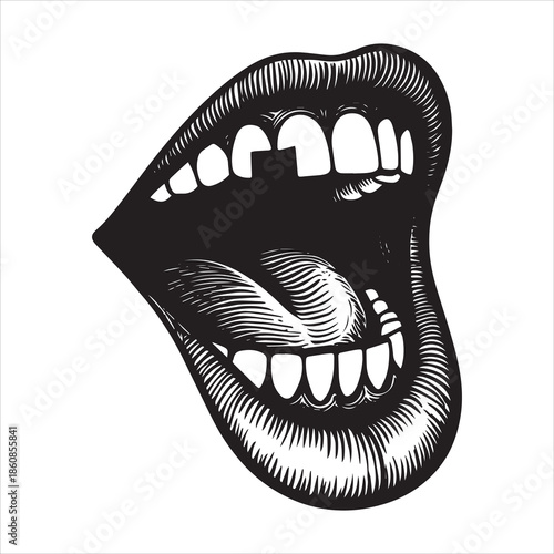 Black and white illustration of open mouth with tongue and teeth vector