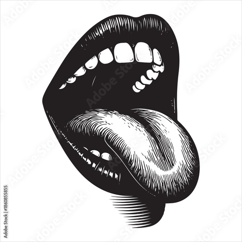 Black and white illustration of open mouth with tongue sticking out vector