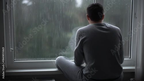 Young Man Sits By Window Watching Heavy Rain Falling Outside Feeling Sad
