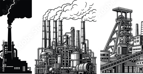 Collection of industrial factory sketches, power plant with smoking chimneys, manufacturing buildings and mine shaft