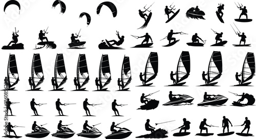 Collection of water sport silhouettes, kite surfing, windsurfing, jet ski and wakeboarding set isolated on white, cad drawing flat vector illustration.