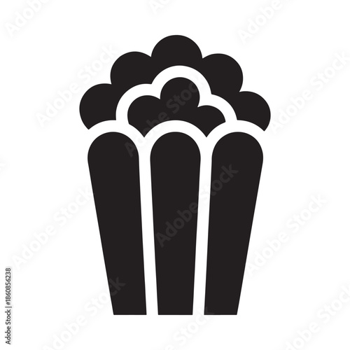 Simple black and white icon depicting a full container of fluffy popcorn