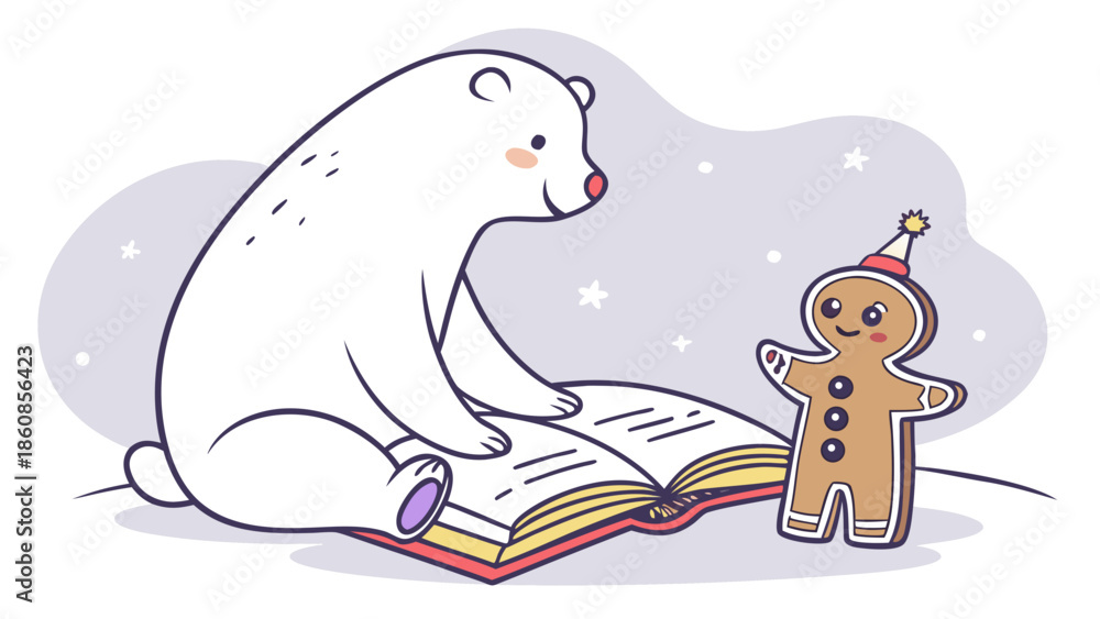 Obraz premium Polar bear reading to gingerbread man