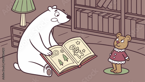 Polar bear reading to a young bear