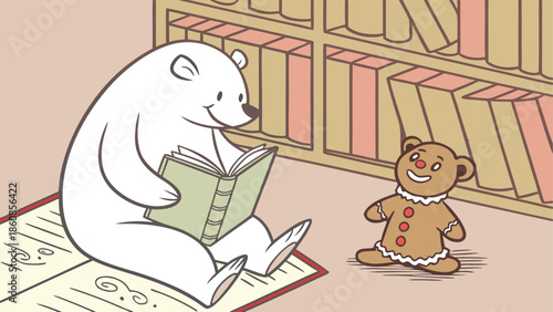 Polar bear reading to gingerbread bear