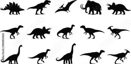 Dinosaur silhouettes collection isolated on white background, prehistoric animal icons set, jurassic cretaceous species black vector illustration