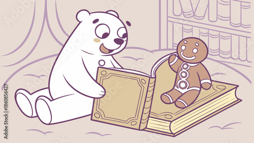 Polar bear reading to gingerbread man
