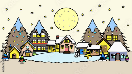 Quaint winter village under moonlight