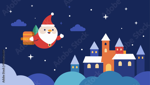 Santa claus flying over a snowy village