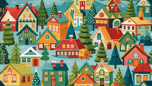 Colorful village homes with christmas decorations