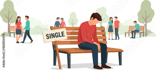 A lonely man sitting on a park bench with a single sign on transparent background