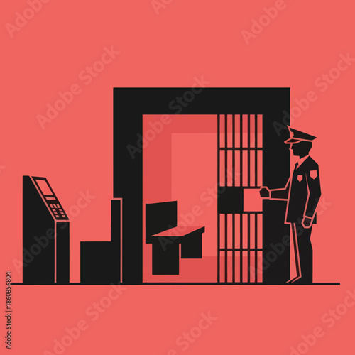 Security Guard Standing at Prison Gate.