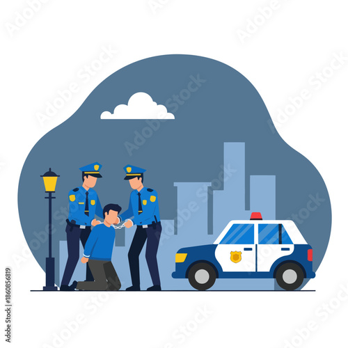 Police Officers Arresting a Man Outside.