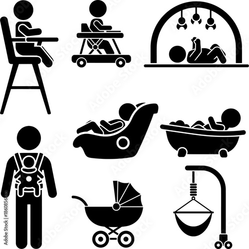 Baby Gear and Childcare Equipment Vector Icon Set