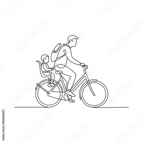 A father and child riding a bicycle together shown in a single line drawing