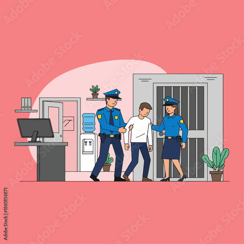 Police Officers Escorting Person Through Security.