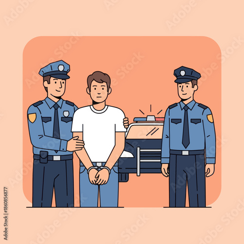 Arrested Man Handcuffed by Police Officers.