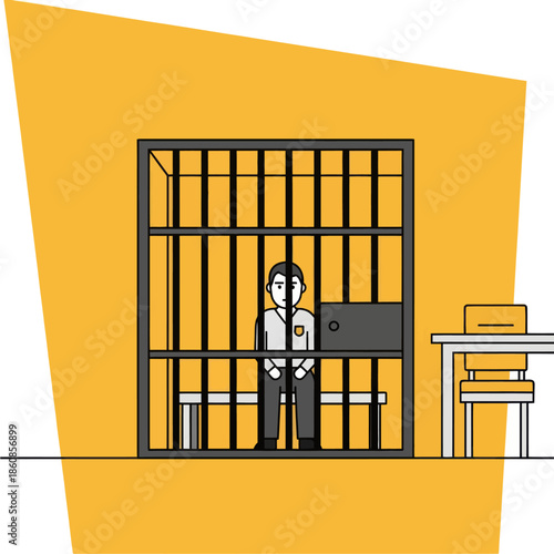 Woman Standing Inside Prison Cell Bars.