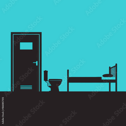 Simple Bathroom Interior with Toilet and Bed.