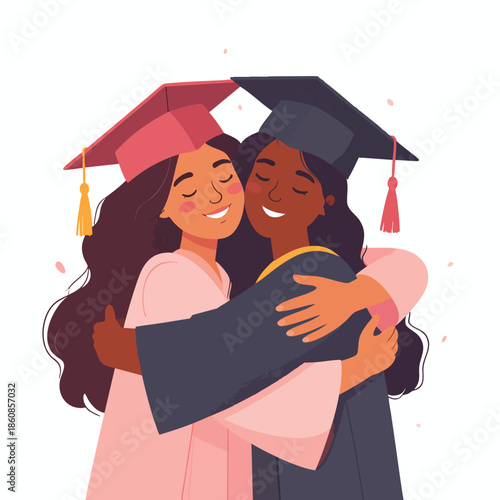 Two young women in graduation gowns and caps embracing each other with joy