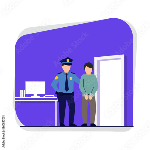 Police Officer Standing with Handcuffed Prisoner.