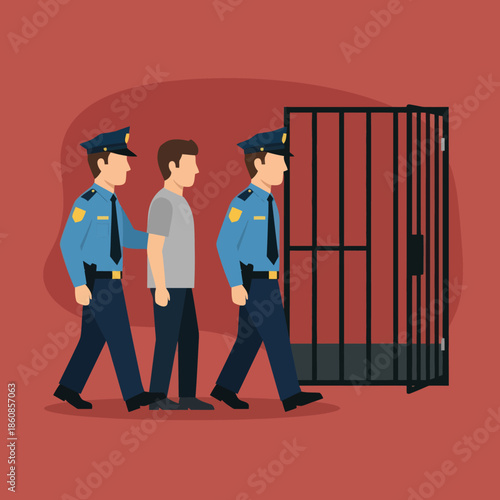 Police Officers Escorting Prisoner to Jail Cell.