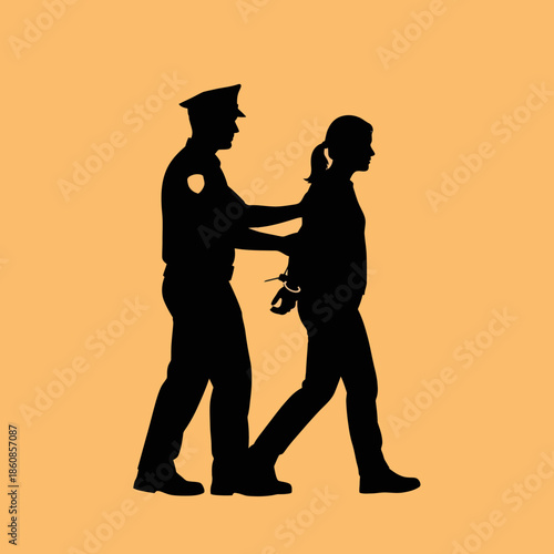 Police Officer Arresting Woman Silhouette Profile.