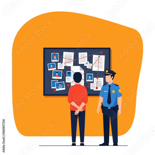 Police Officer Standing with Man in Front of Bulletin Board.