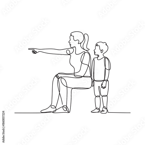 A mother and son viewing something depicted in a continuous line drawing