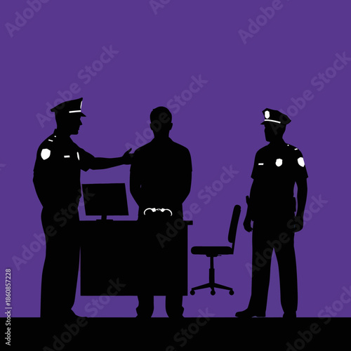 Police Officers Arresting Man at Desk.