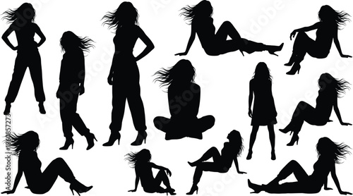 Female fashion silhouettes set isolated on white background, stylish women poses collection, beauty glamour model illustration black vector design graphic