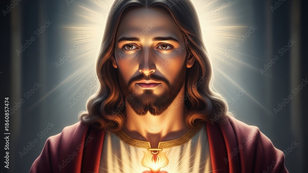 Fototapeta premium Portrait of Jesus Christ with a halo of light and symbolic sacred heart, representing faith and spirituality for Christian, Easter, or Christmas.